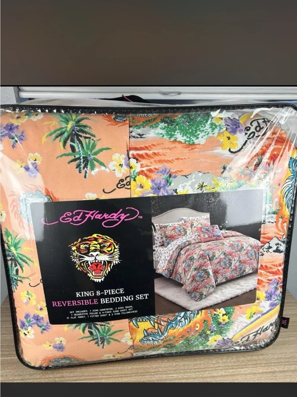 Ed Hardy Peach Floral Reversible Comforter Set